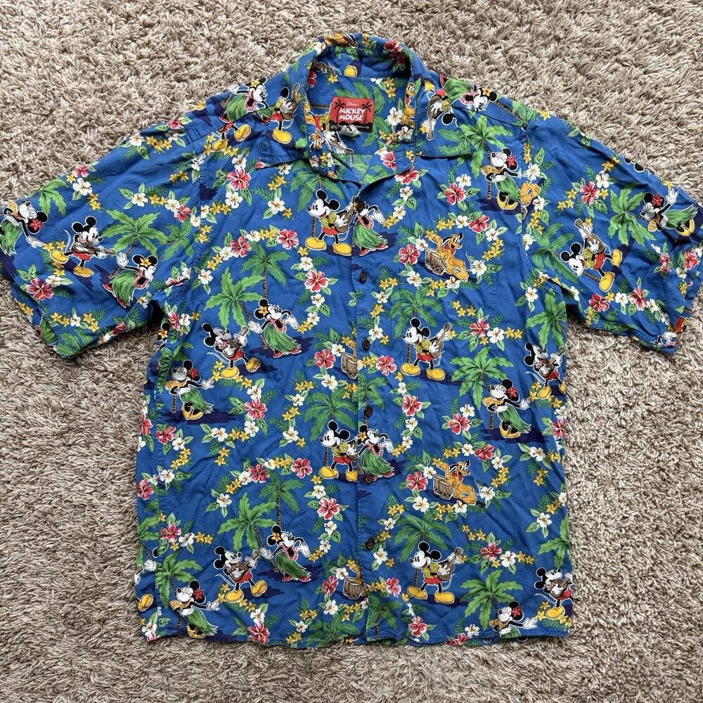 Reyn Spooner x Disney Hawaiian Shirt Hula Mickey Minnie Blue Rayon Men’s Size S